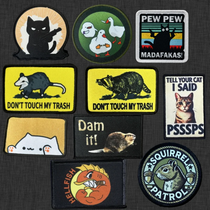 Funny Animal Morale Badge FAFO Cat Printed Hook&Loop Patches Bongo Fat Cat Meme Armband Don't Touch My Trash Raccoon Stickers