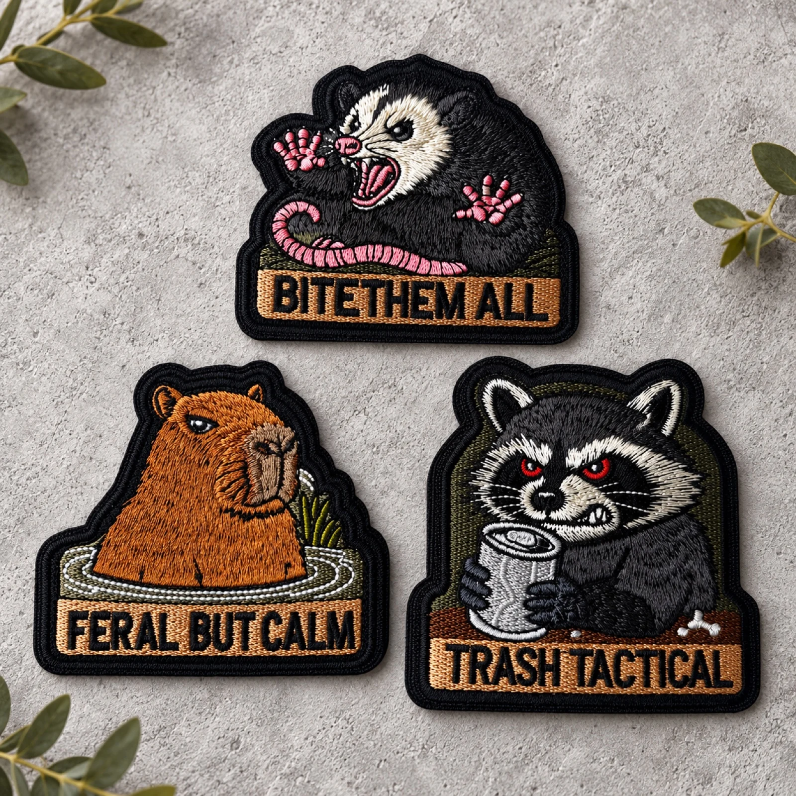 1PC/3PCS Funny Animal Embroidery Morale Patch Opossum Capybara Raccoon Hook and Loop Badge for Backpack Jacket Vest