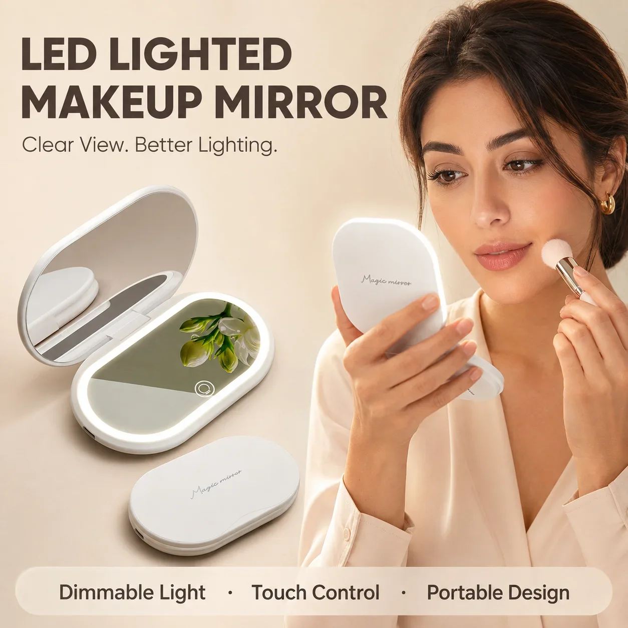LED Lighted Makeup Mirror Portable Folding Vanity Mirror with Dimmable Lights Touch Control Type-C Rechargeable Travel Beauty Mi