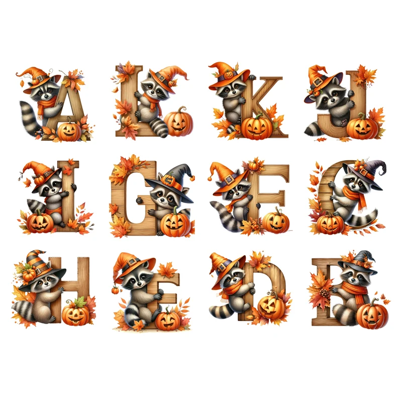 Christmas Holiday A-Z Raccoon letter Iron On Heat Transfer Sticker DTF Iron On Transfer Patches For Clothes T-shirt Appliques