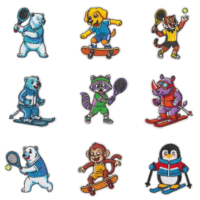 New Funny Outdoor Ball Sports Cartoon Animal Iron-on Embroidery Patches Cute Raccoon Monkey Rhino Sewing Patch DIY Clothing Bags