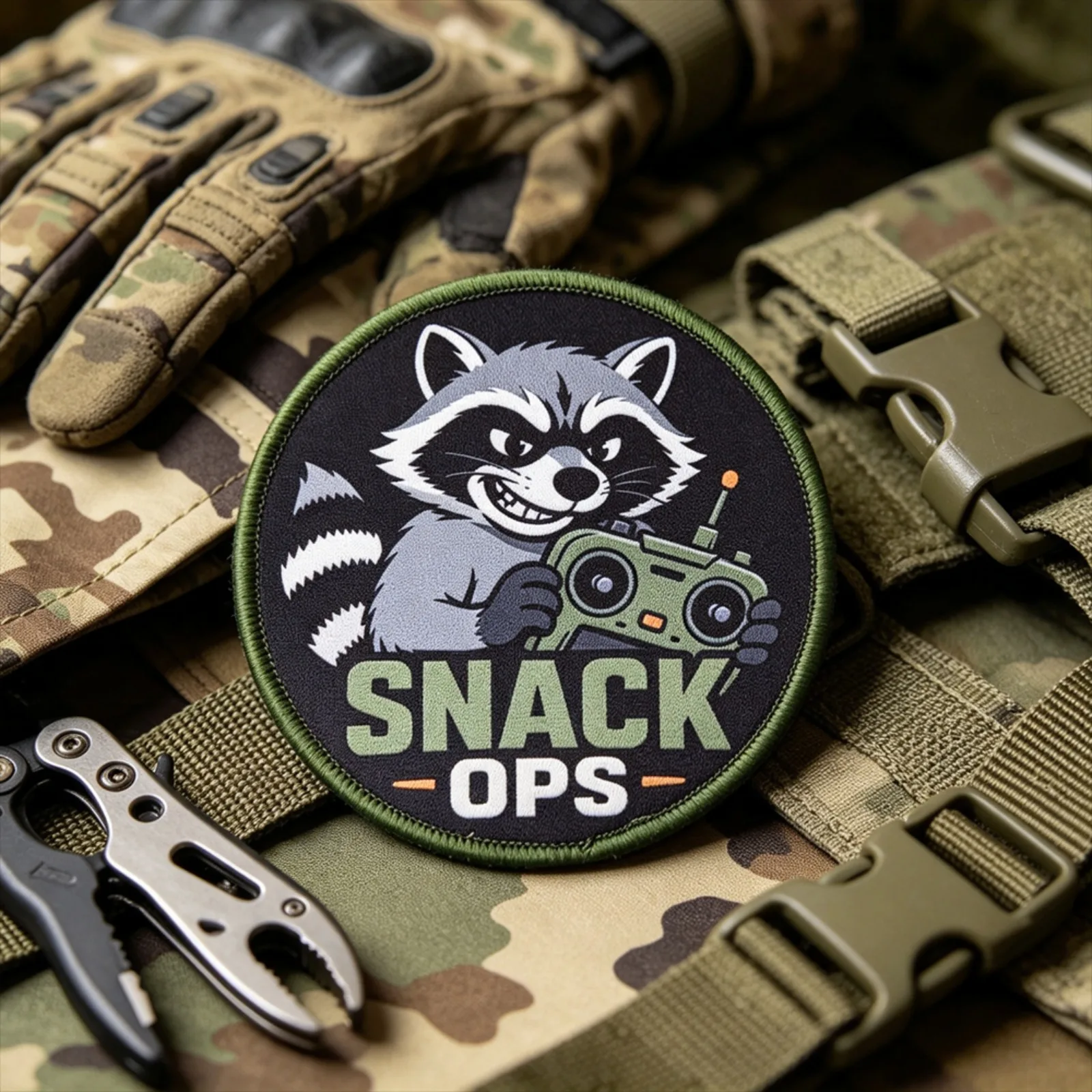 SNACK OPS RACCOON Tactical Morale Patch Hook Loop Printed Badge Meme Animal Cloth Sticker for Backpack Jacket