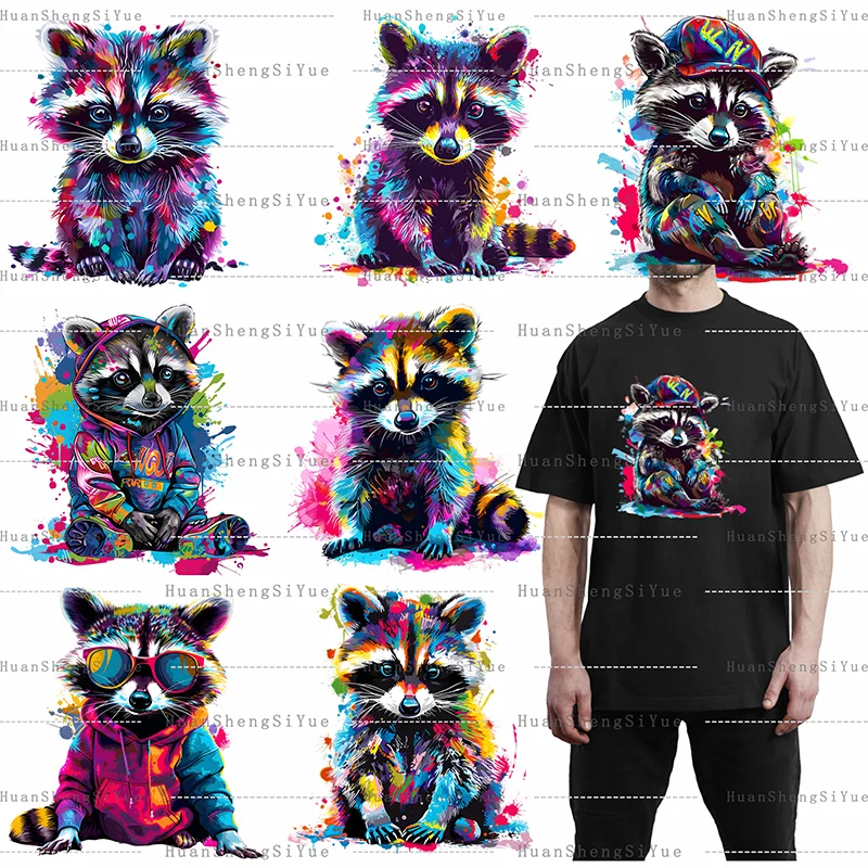 Color Raccoon Heat Transfer Patch Ironing Sticker Clothes DTF Fashion T-shirt Hoodie DIY Jacket Patch Hot Paste Paper