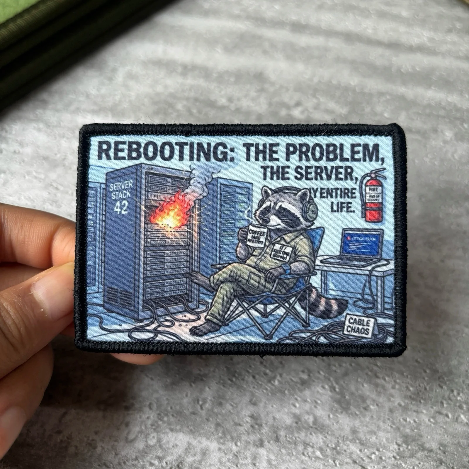 Rebooting Server Raccoon Printed Morale Patch Funny IT Tech Meme Badge for Backpack Jacket Vest Clothes Accessories