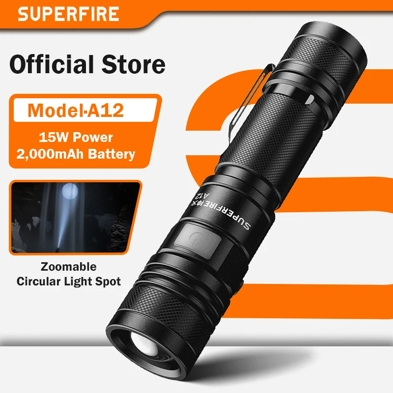 SUPERFIRE A12 High Power LED Flashlight USB Rechargeable Zoomable Tactical Torch 5 Modes Waterproof for Outdoor Fishing Lantern