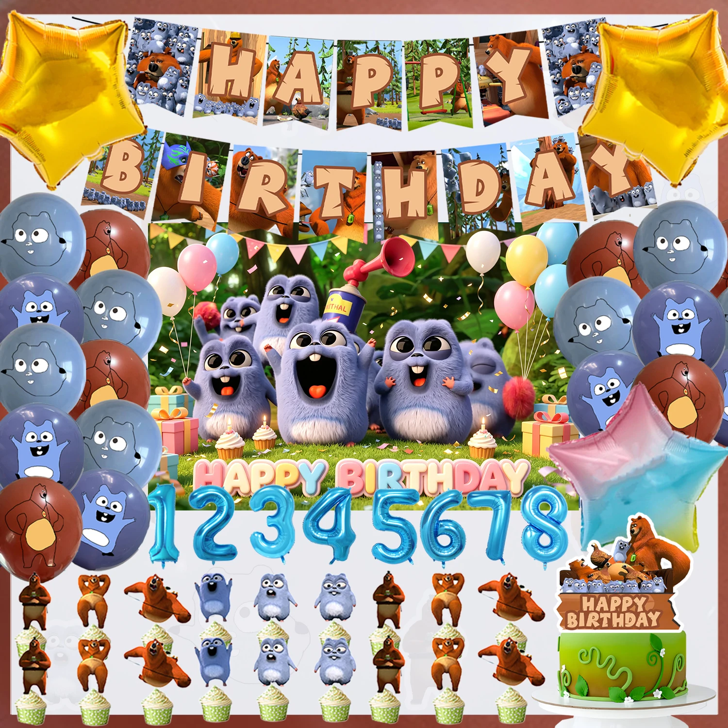 Cartoon Grizzy & the Lemmings Birthday Party Decor Supplies Cute Bear Mouse Number Balloon Cake Topper Banner Prop Boy Girl Gift