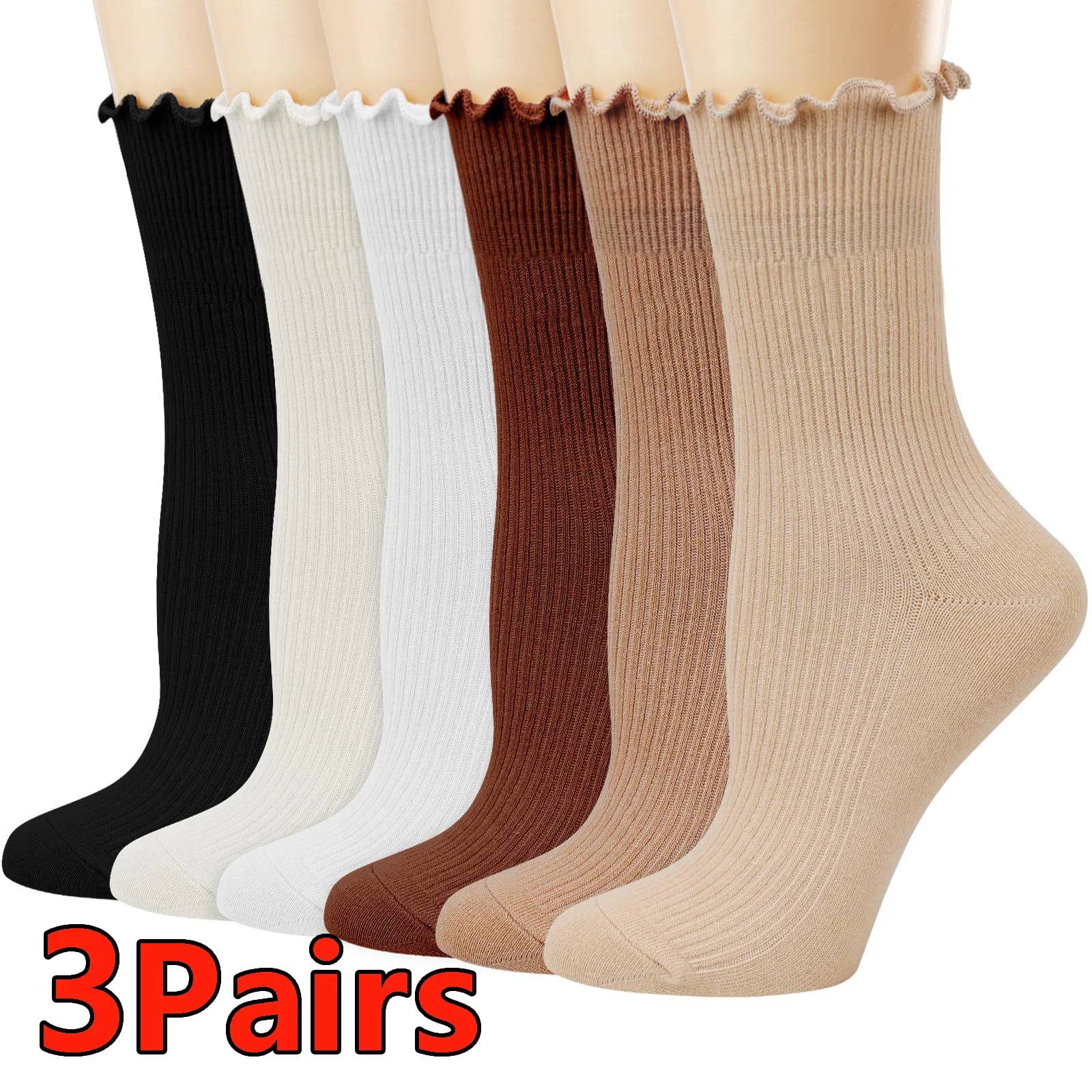 3 Pairs Women's Ruffle Socks Winter Cotton Mid Tube Kawaii Socks Y2K Korean Japanese Lolita Solid Color Black White Cute Socks