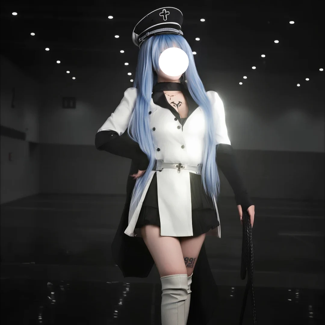 Anime Akame Ga Töten Esdeath Cosplay Military Costume Black Lapel White Tunic with Cape Belt Complete Set for Halloween Roleplay