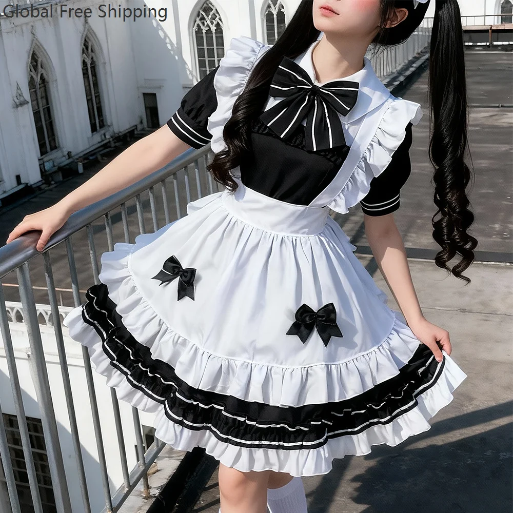 Anime Black And White Maid Outfit Lolita Cosplay Costume Devil Japanese Sweet Cute Classic Uniform Bow Ruffle Princess Dress