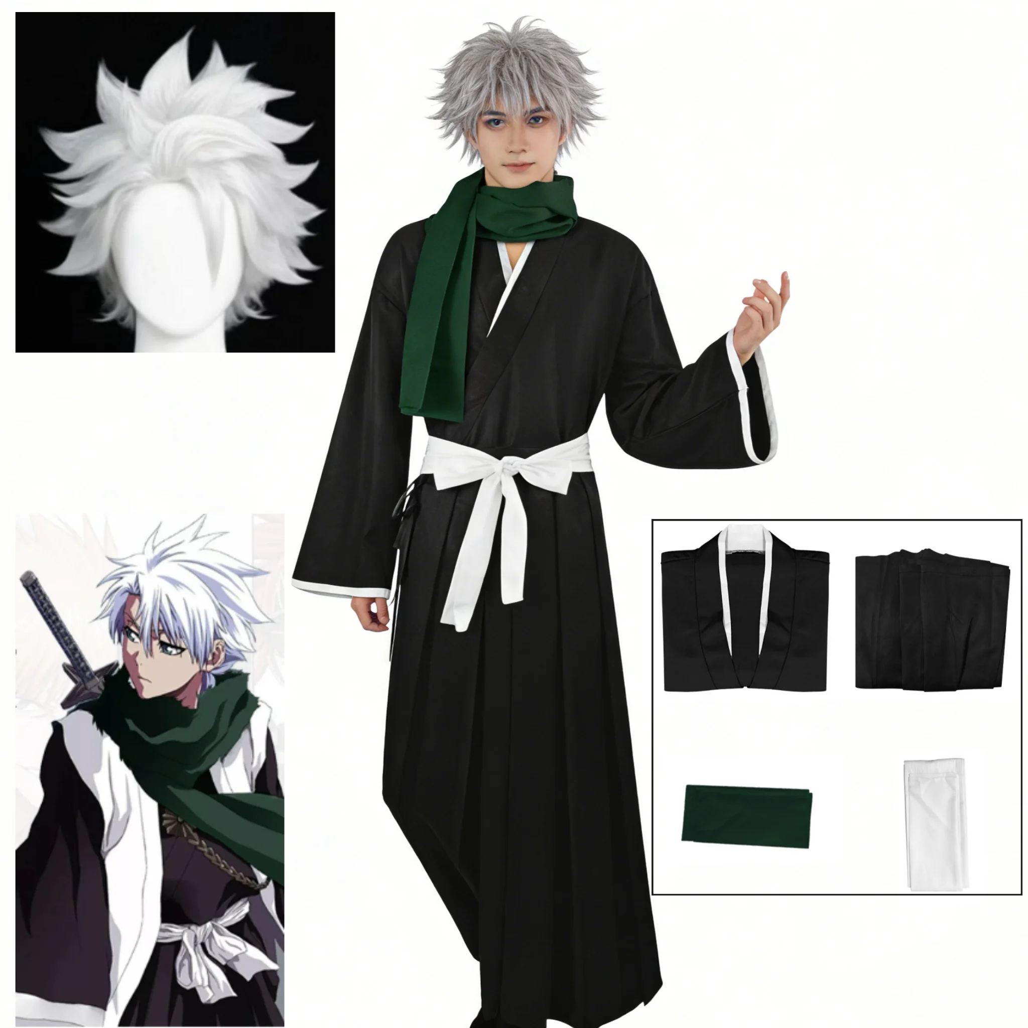 Anime BLEACH Hitsugaya Toshiro Cosplay Costume Wig Black White Clothes Cloak Pants Full Set Halloween Anime Party Role Play Suit