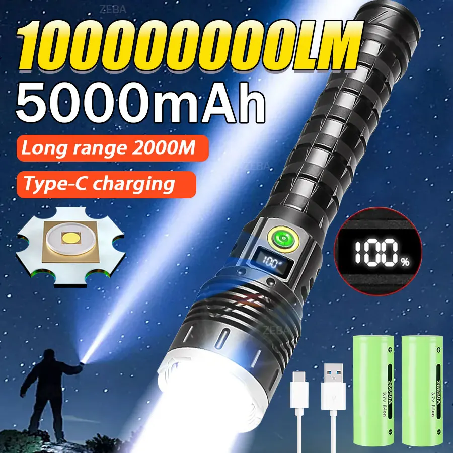 10000000Lm Most Powerful Led Flashlight Rechargeable Type-c Flashlight Long Range 3500m Tactical Torch Light For Fishing Hunting