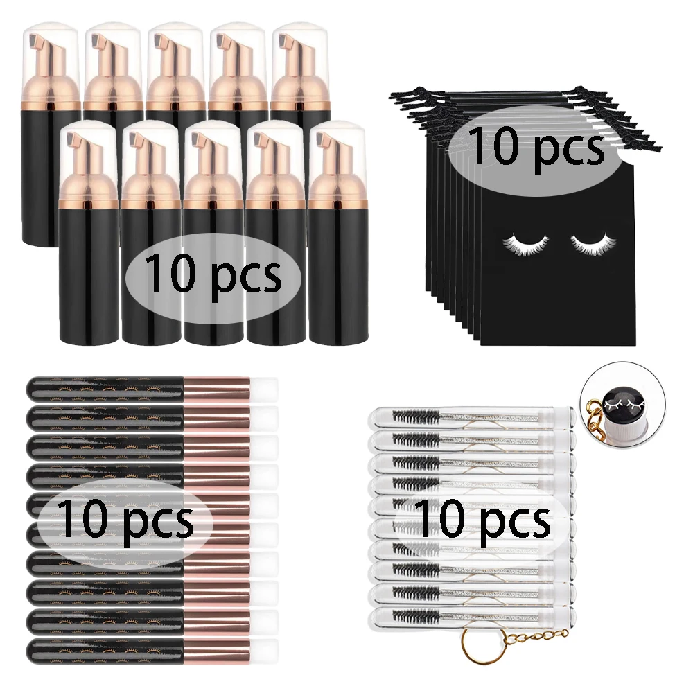 30/40Pcs 60ml Refillable Leakproof Empty Foam Pump Bottles Lash Extension Shampoo Kit Brushes Mascara Wands Storage Bags