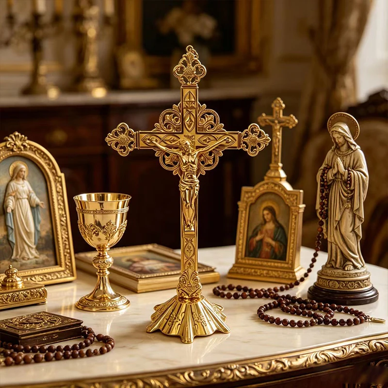 New 2026 High Quality Gold Plated Standing Crucifix with Jesus for Christian Church Altar Blessing and Home Prayer Tabletop Gift