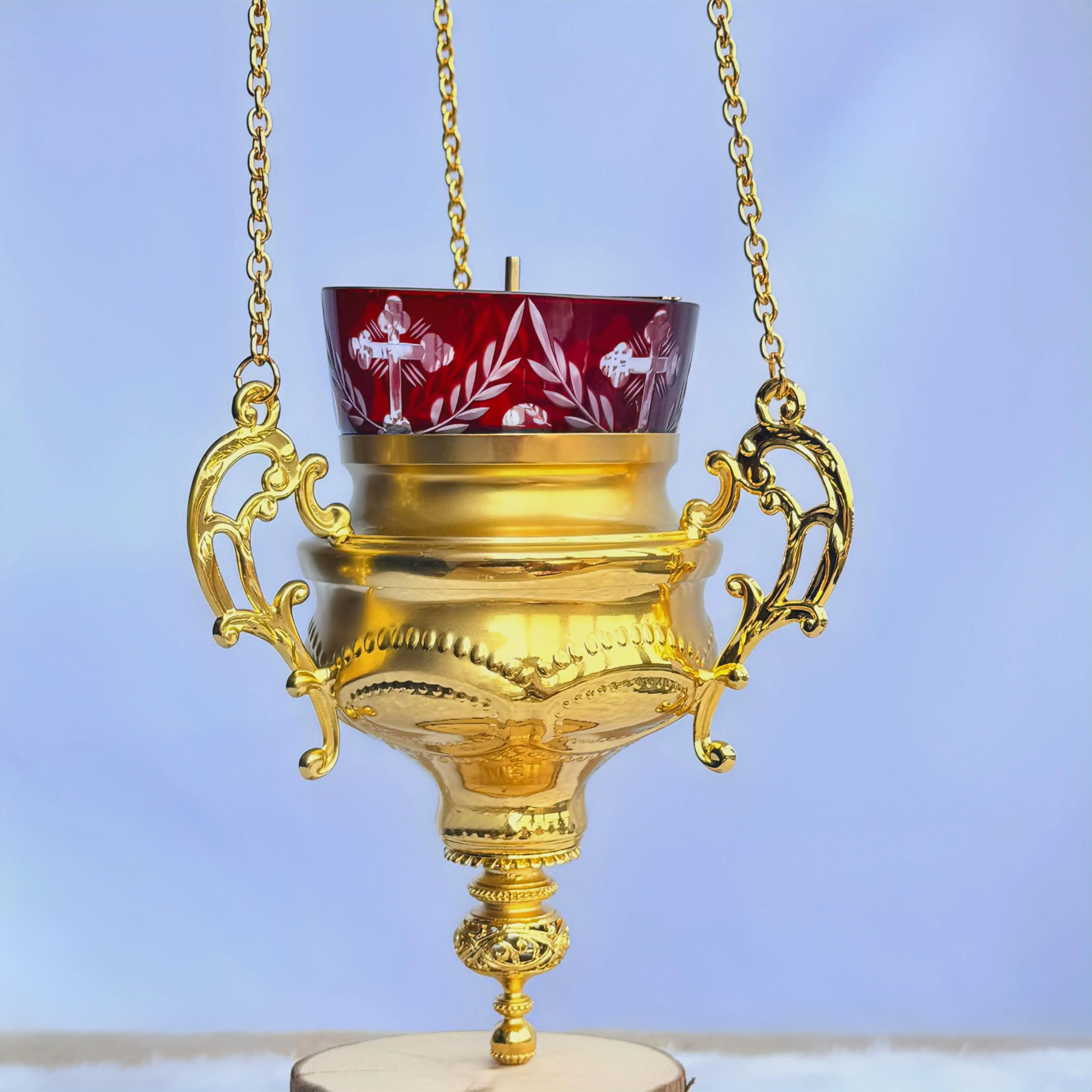 New Orthodox Hanging Vigil Lamp Gold Red Glass Etched Cross Palm Chain Oil Candle Holder Church Holy Byzantine Christian Gift