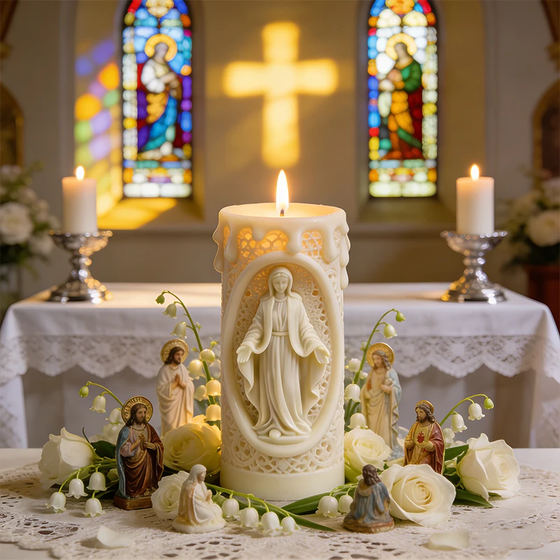 Candle Silicone Mold Virgin Mary Relief Pattern Christian DIY Candle Mold Resin Plaster Mould for Church Decor Religious