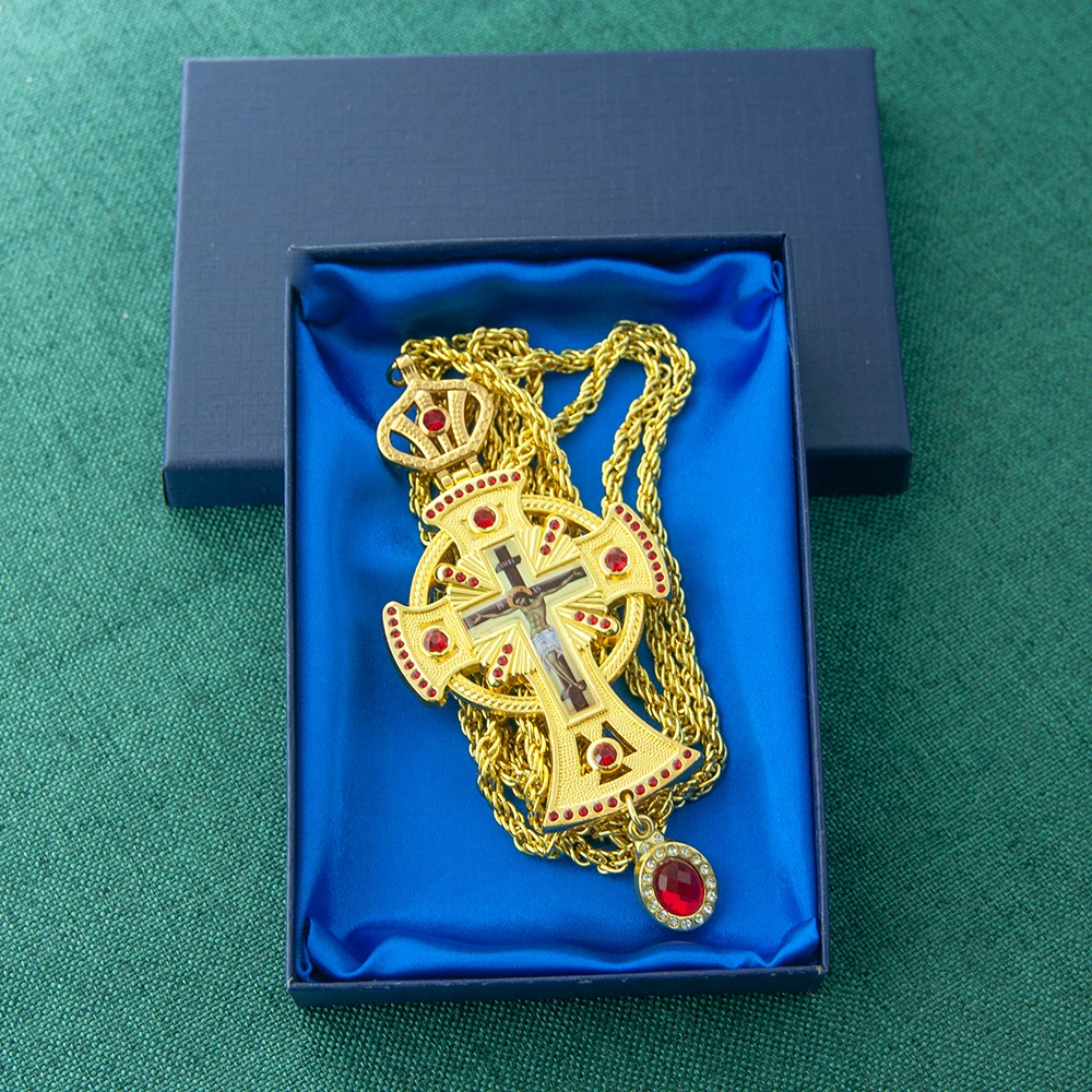 HTISOK Orthodox Cross Christian Church Cross Jesus Crucifix Necklace Antique Gold Plated Resin Jesus Orthodox Priest for Prayer