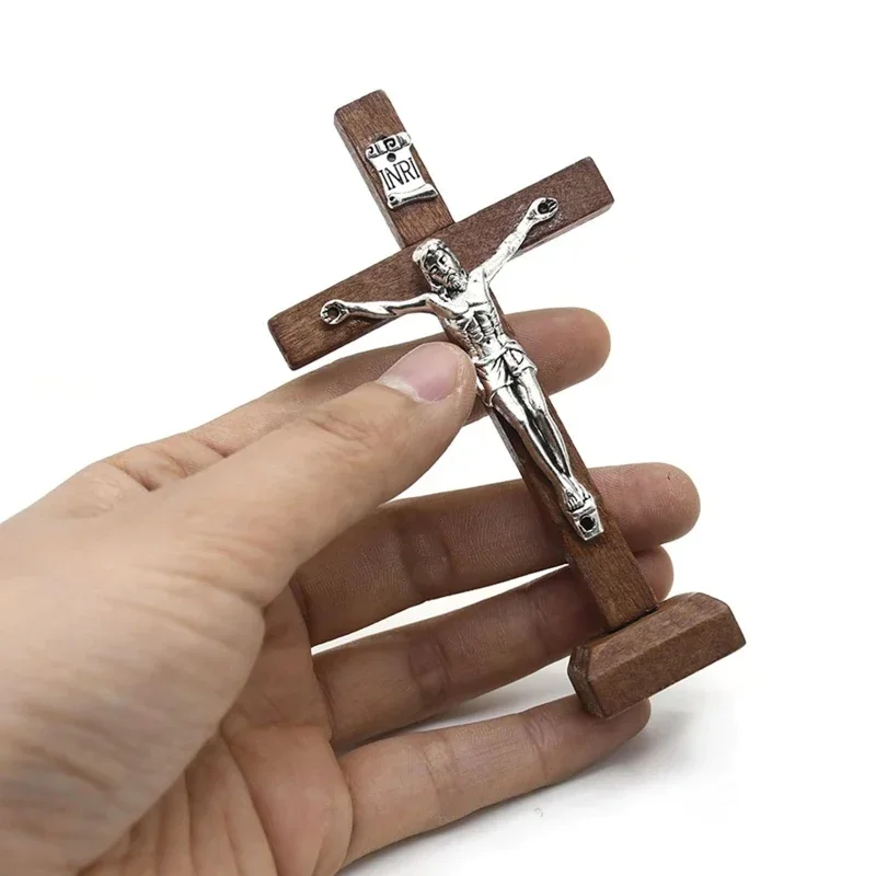 1pcs Wooden Catholic Jesus Cross with Stand Vintage Religious Christian Standing Crucifix Church Home Shelf Tabletop Ornaments