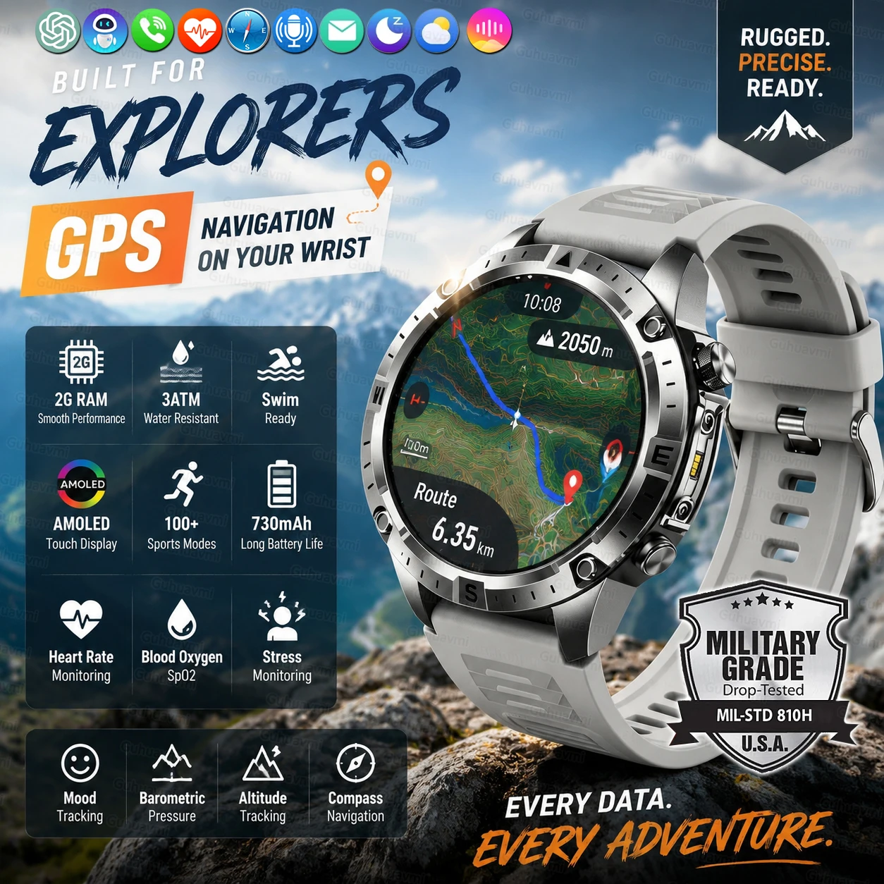 2026New Rugged Durable GPS Map Smart Watch 2GB RAM 1.43-inch AMOLED Screen 30M Waterproof Call Sports Smartwatch For Men Women