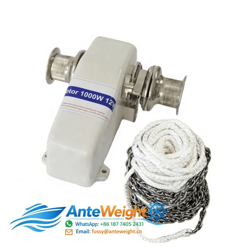12V 1000W Horizontal Electric Anchor Windlass Marine Anchor Winch with Anchor Rope & Chain for Yacht Fishing Boat Saltwater Use