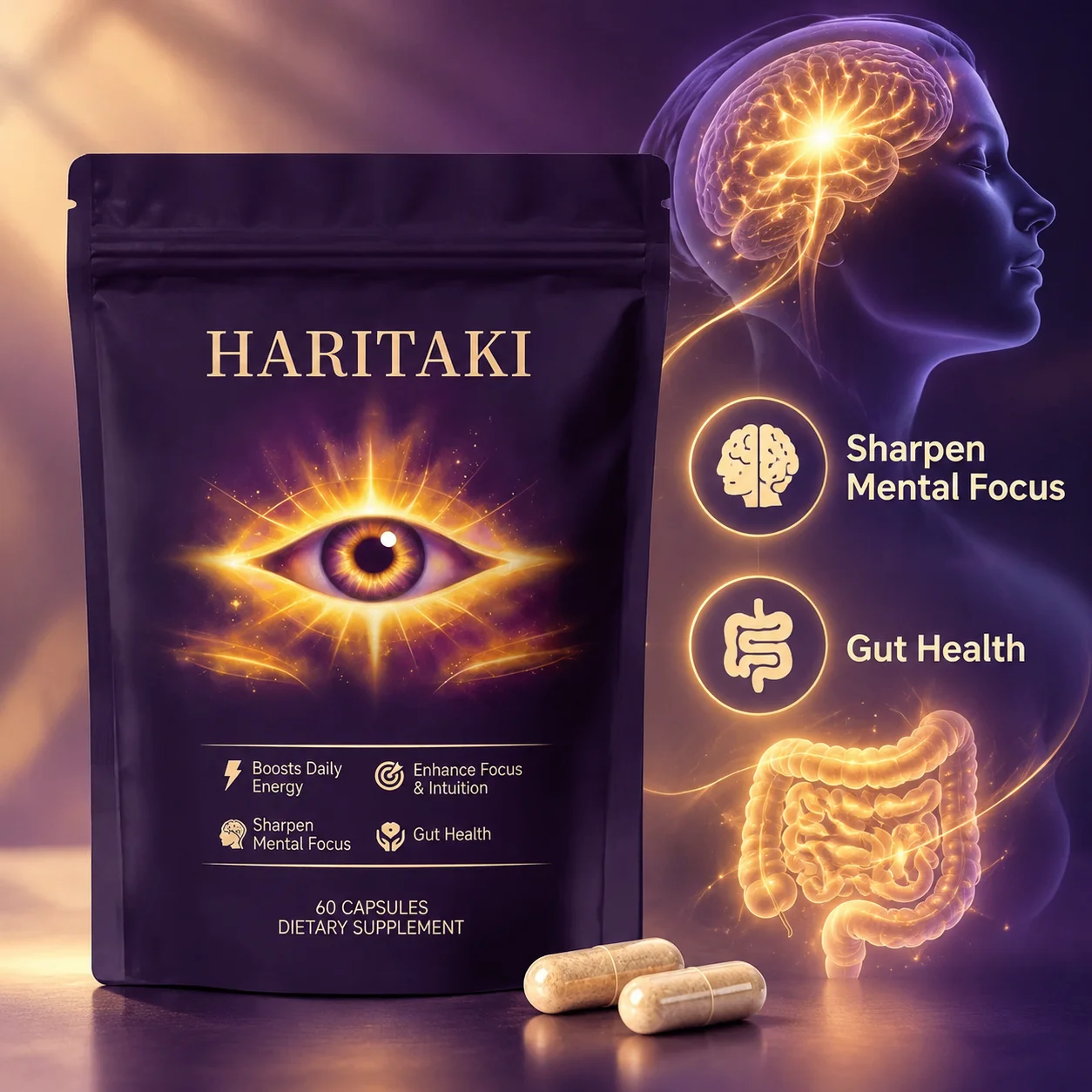 Haritaki 3rd Eye Supplement 500mg Gut Health Digestive Mental Focus Regular Elimination Antioxidant Haritaki Fruit Powder 60Ct
