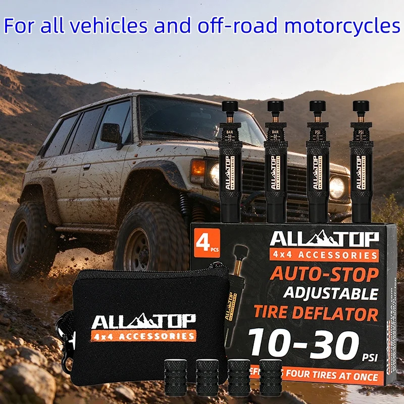 4 PCS Adjustable Auto-Stop Tire Deflator Valve Kit (10-30 PSI) 4x4 Screw-on Tyre Air Down Tools for Vehicles Motorcycle Offroad