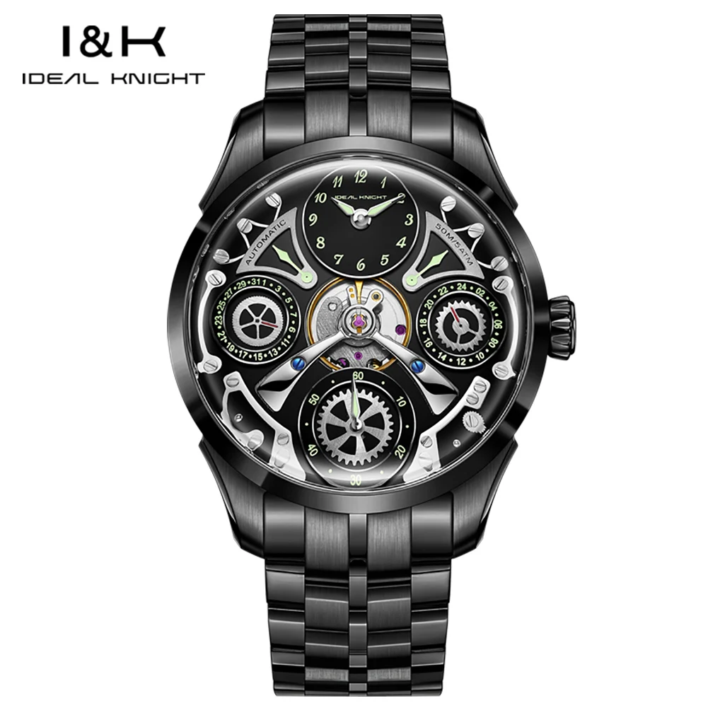 IDEAL KNIGHT 6820 Men's Watch Skeleton Multifunctional Dial Black Stainless steel Automatic Mechanical Watch for Men