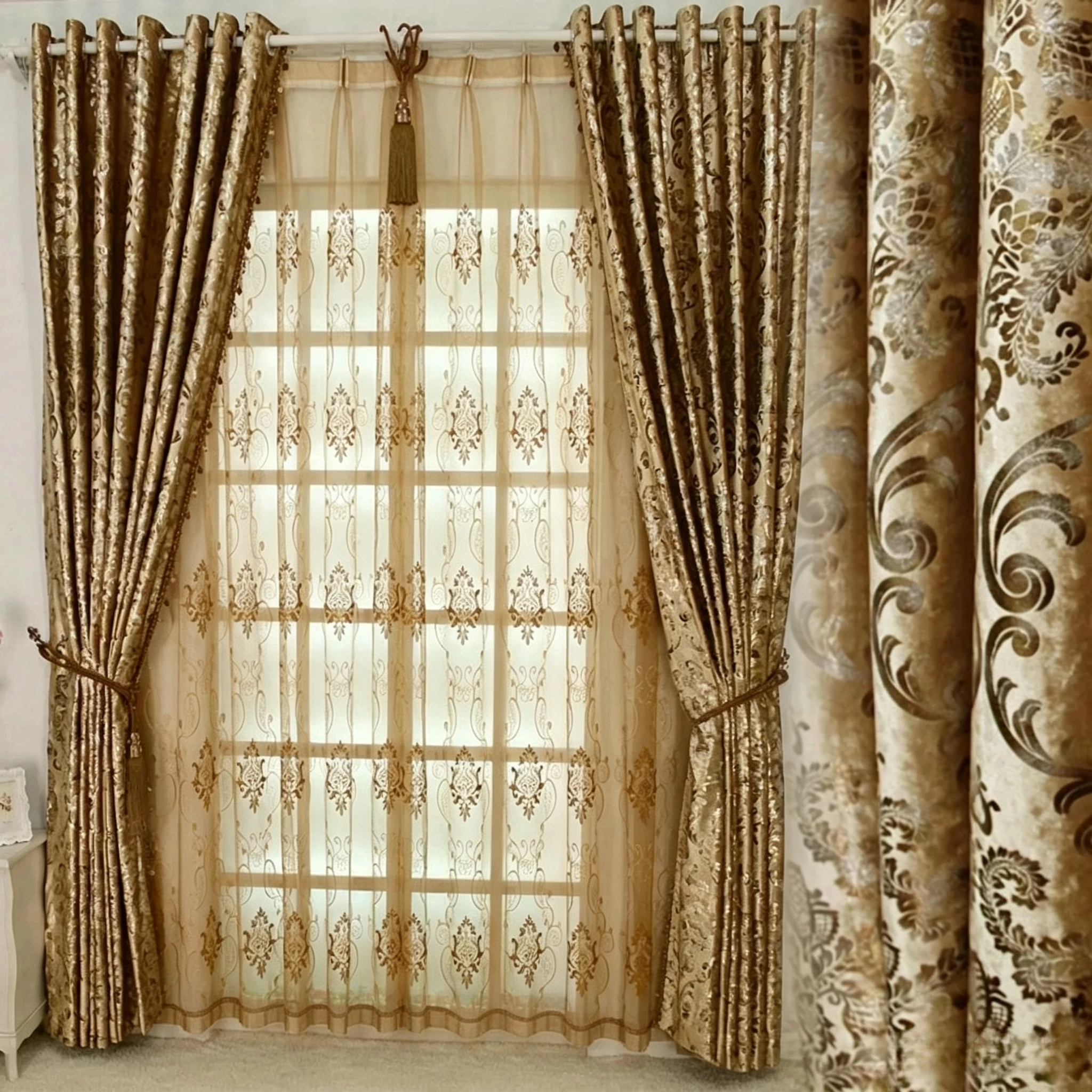 Custom Size European Embroidery Gold Luxury Curtains for Living Dining Room Bedroom Bedroom Print  Blackout Window Decor Fabric
