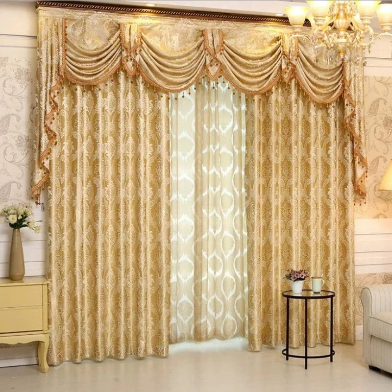Custom Size European Jacquard Gold Luxury Curtains for Living Room Bedroom Embroidered Windows Blackout Tulle Valance Elegant