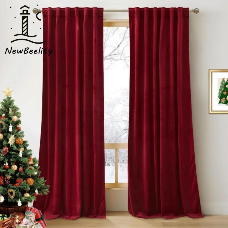 Nordic Modern Burgundy Red Luxury Velvet Curtains Solid Thick for Dining Living Room Bedroom Custom Decor Fabric Blackout Cloth