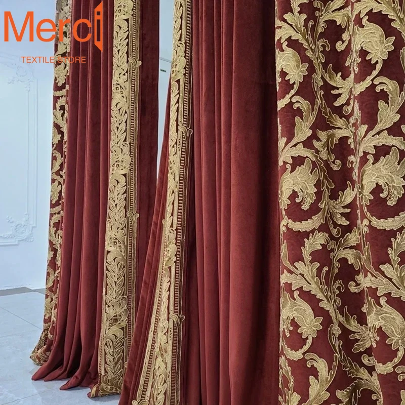 French Retro Red Velvet Embroidered Curtains For Living Room Villa Luxury High-end Embroidered American Style Customized