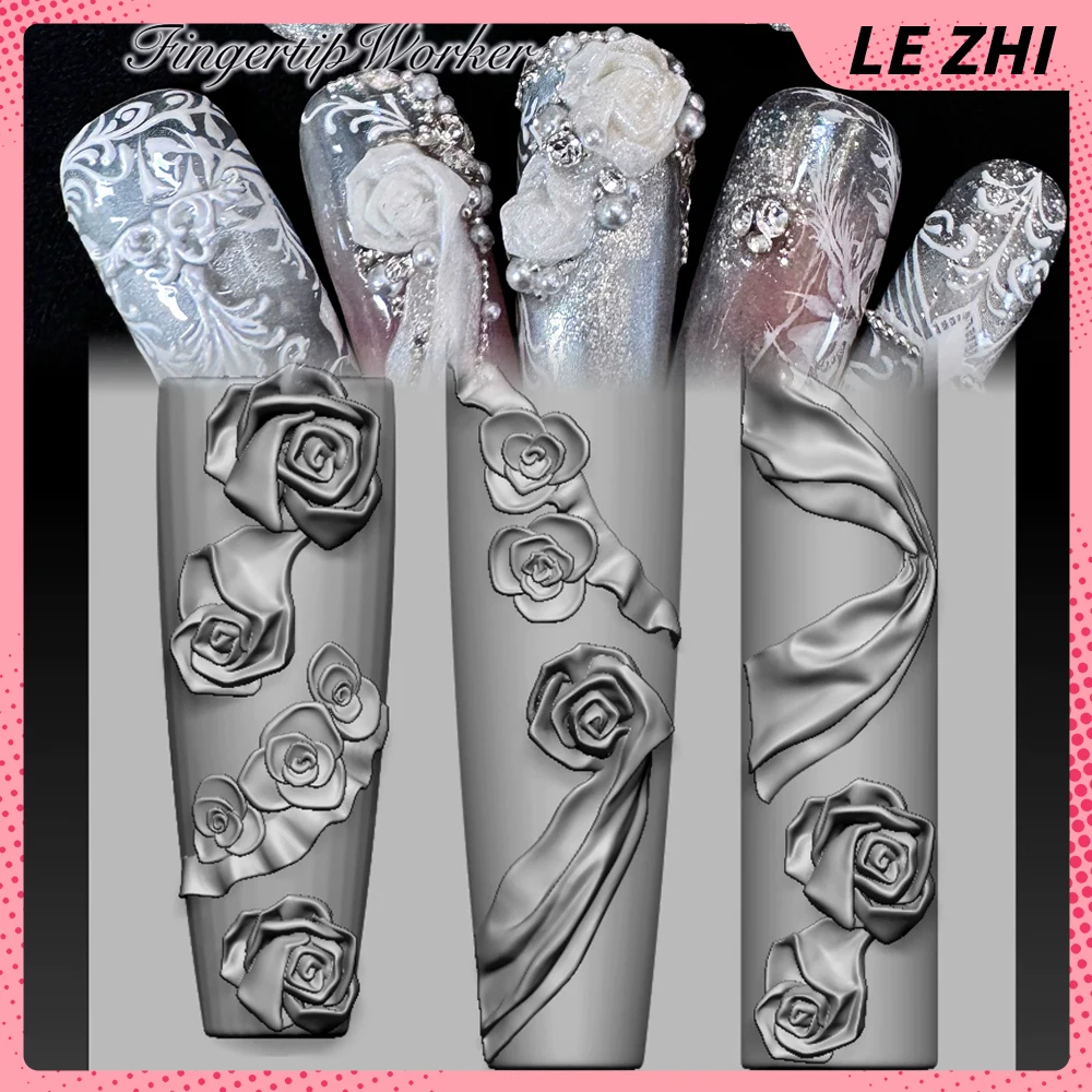 1Pcs Beautiful Romantic Flower Series Nail Art Carving Mold Decoration Rose Ribbons Diy Design Silicone Manicure Mold Gifts