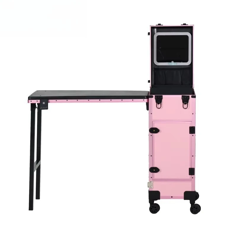 Makeup Train case Folding Manicure Table Lighted Mirror Nail Table Beauty Desk With Drawers Dressing