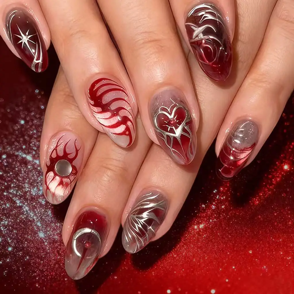 24Pcs Round Head Y2k Metal Red False Nails Sets Press on Short Almond Beauty Gilded Sliver Diamond Fake Nail Finished Manicure