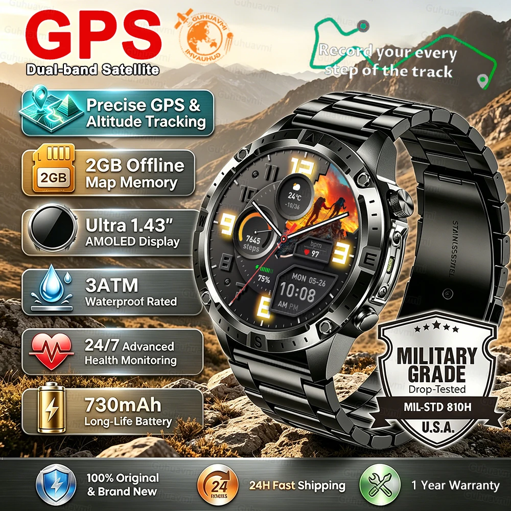 2026 New Smart Watch GPS offline map 2GB Memory recording Compass Heart rate Sports outdoor tracking Waterproof Smartwatch Men