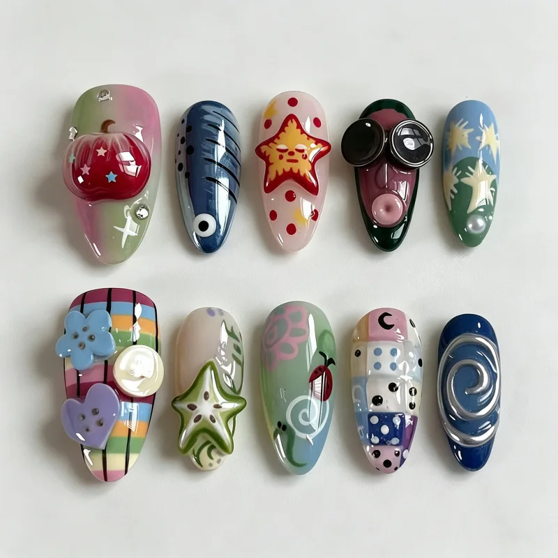 24Pcs Cartoon Apple Almond False Nail Colorful Beauty Plaid Pattern Full Cover Polka Dot Finished Fake Nails Press on Manicure