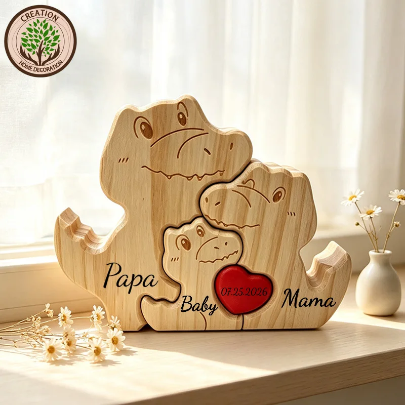 Personalized Custom Name Handcrafted Wooden Dinosaur Family Puzzle Laser Engraved Family Souvenir Desktop Ornament Keepsake Gift