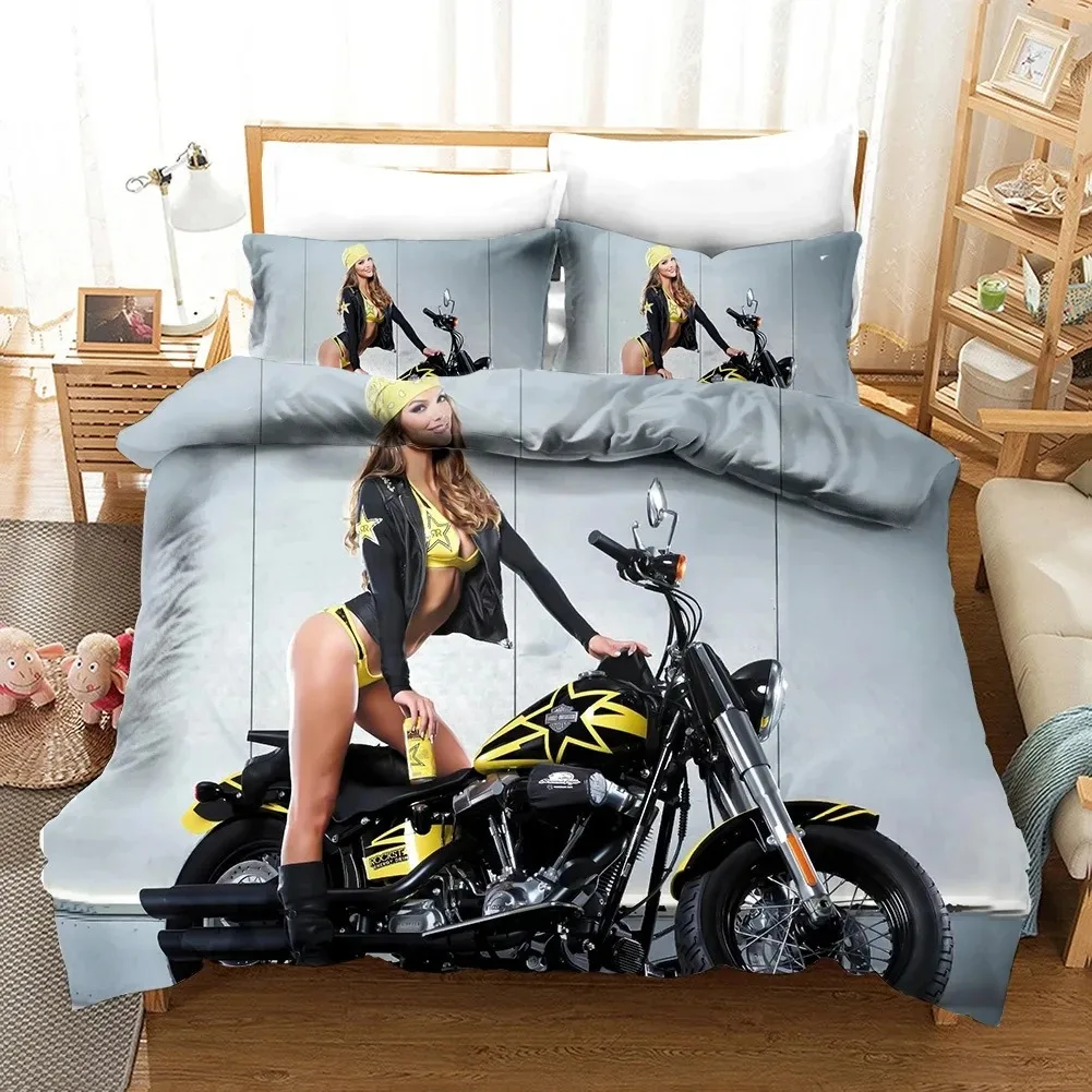 Sexy Girl Motocross Duvet Cover Extreme Sports Theme Bedding Set For Boys Teens Man Microfiber 3D Beauty Queen King Quilt Cover
