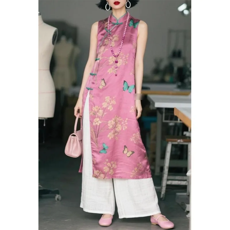 A New Chinese-style Women's Summer Light Luxury and High-end Pink Mid-length Sleeveless Shirt Vest That Is Extremely Beautiful