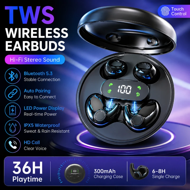 New Hot Sleep Wireless Earphones Sports Headset Bluetooth Headphones 4D Bass Effect HD Call Noise Reduction Earbuds Couple Gift
