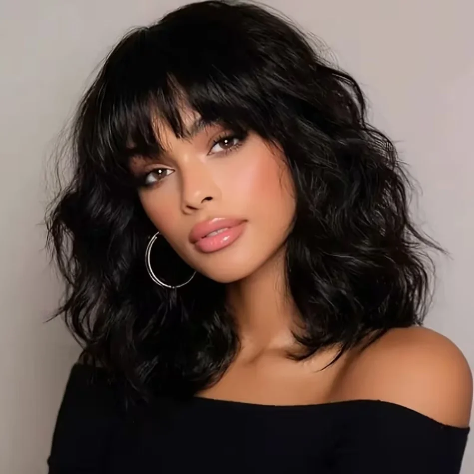 250 Density Body Wave Short Bob Human Hair Wigs With Bangs Full Machine Made Wig Brazilian 3x1 Glueless Wig Human Hair For Womem