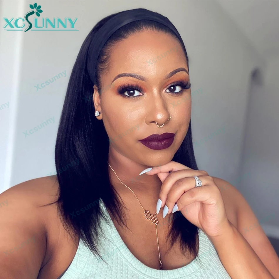 Light Yaki Straight Human Hair Wig With Headband Remy Brazilian Full Machine Made Wig For Black Women Easy To Install xcsunny