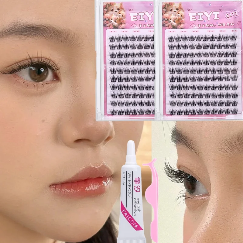 Soft Grafting  Fake Eyelashes Bunches Set with  False Eyelash Glue and Tweezers Natural Thick Eyes Lashes Extension Daily Makeup