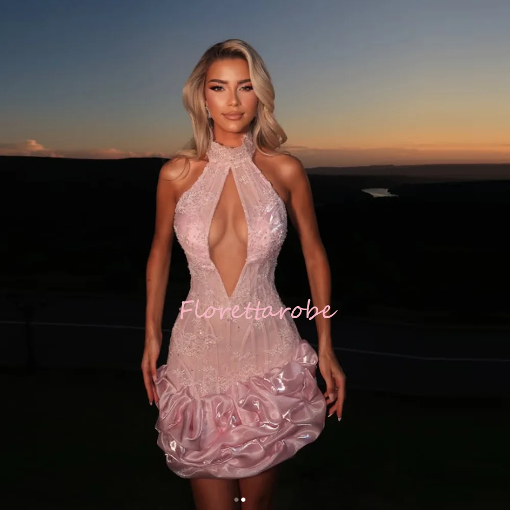 Pink Ruffles Lace Appliques Mini Evening Gowns Halter Cocktail Party Dresses Print Tiered Skirt Elegant Birthday Gala Prom Gown