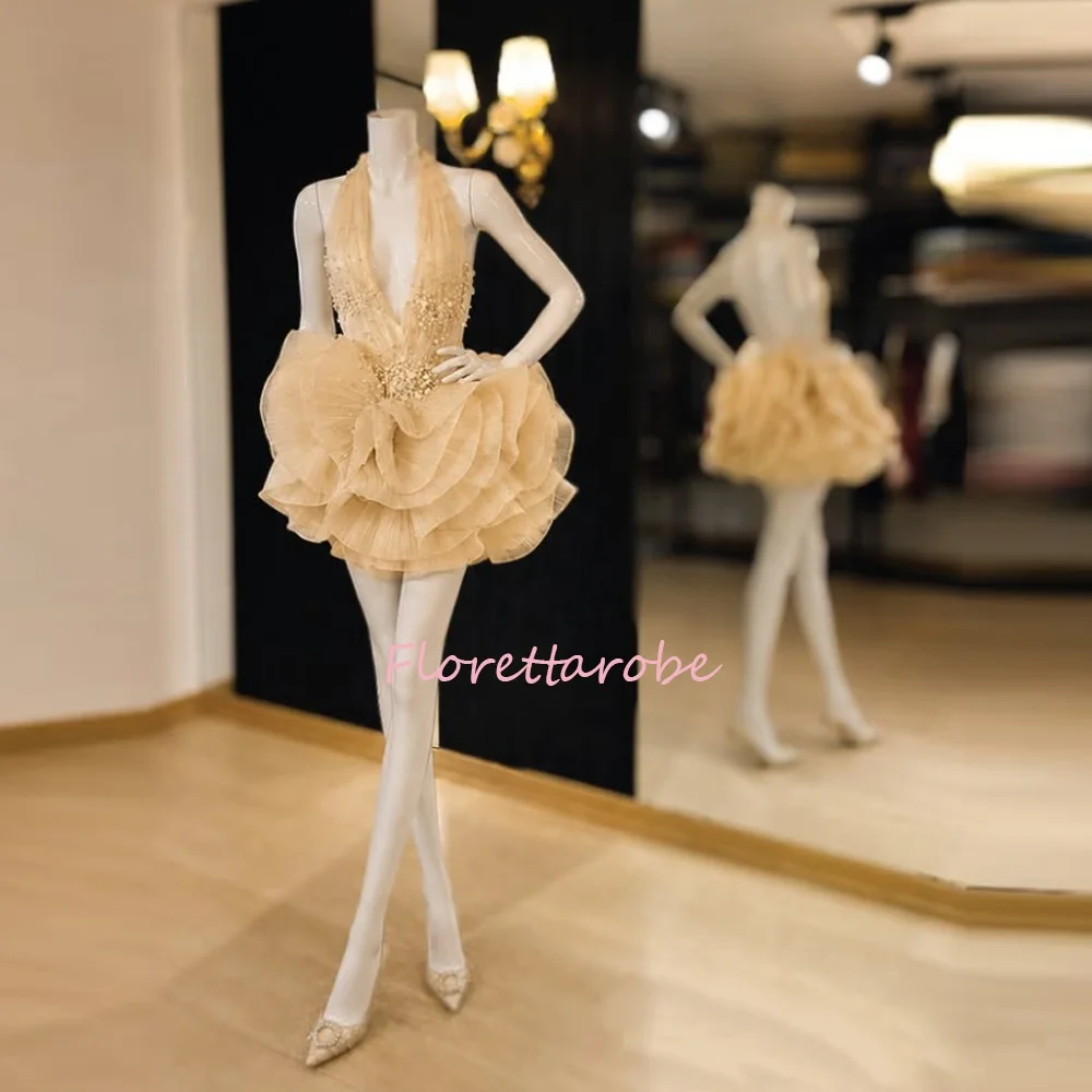 Luxury  Prom Dress Luxury Pearls Beaded Ruffles Mini Evening Cocktail Dresses Halter Pleated Birthday Gala Gown Customsized