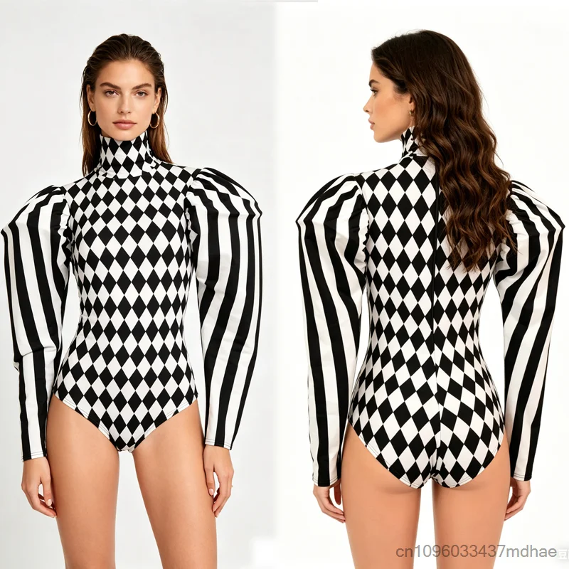Circus Clown Cosplay Black White Rhombus Striped Puff Shoulder with Shoulder Pads For Club Party Punk Bodysuit Stage Performance