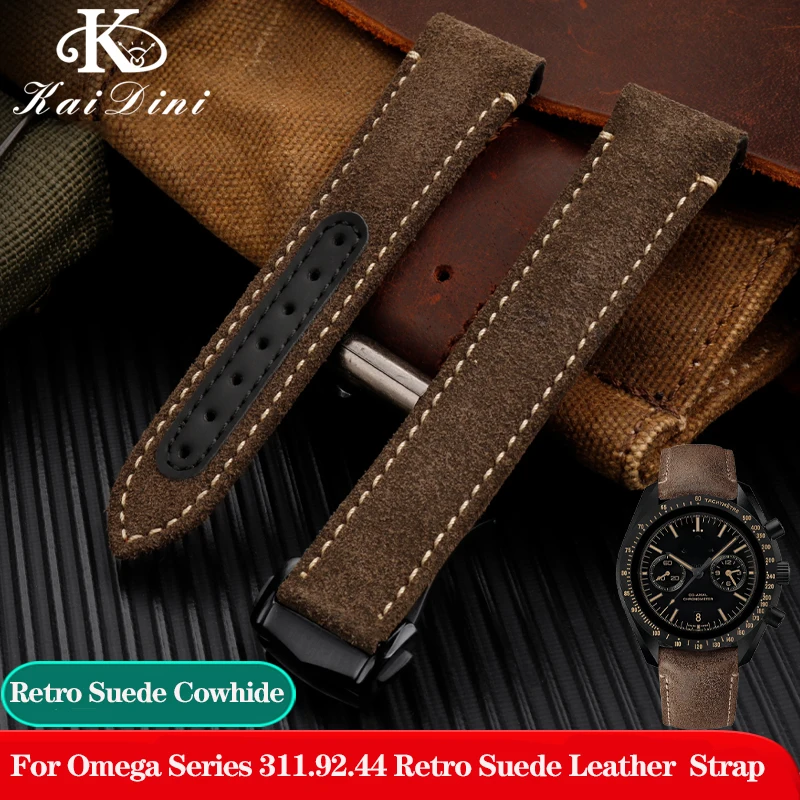 21mm Retro Suede Leather Watch Strap for Omega Super Series Moon Dark Side 311.92.44 Watchband Folding Clasp Brown Bracelet Men