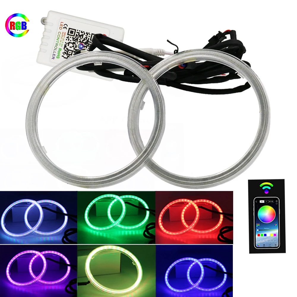 2PCS Car Rings COB RGB 60MM 70MM 80MM 90MM 95MM 100MM 110MM 120MM LED Halo Rings Headlight Car Angel Eyes Mobile APP With Cover