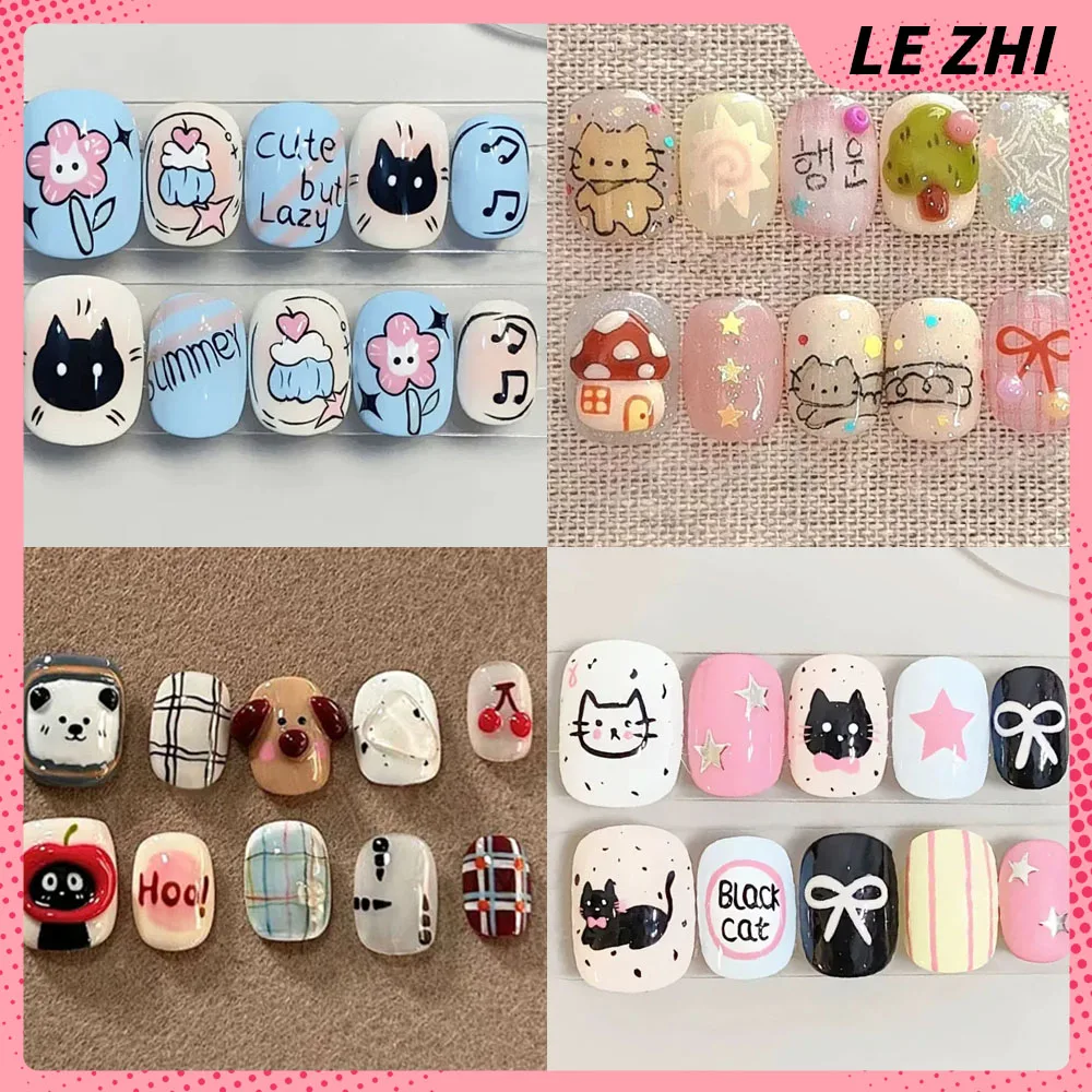 Korean Hand-Drawn Style Critter Handmade Nail Patch Glitter Stars Kitty Polka Dots Bowknot Short Round Fake Nails Birthday Gift