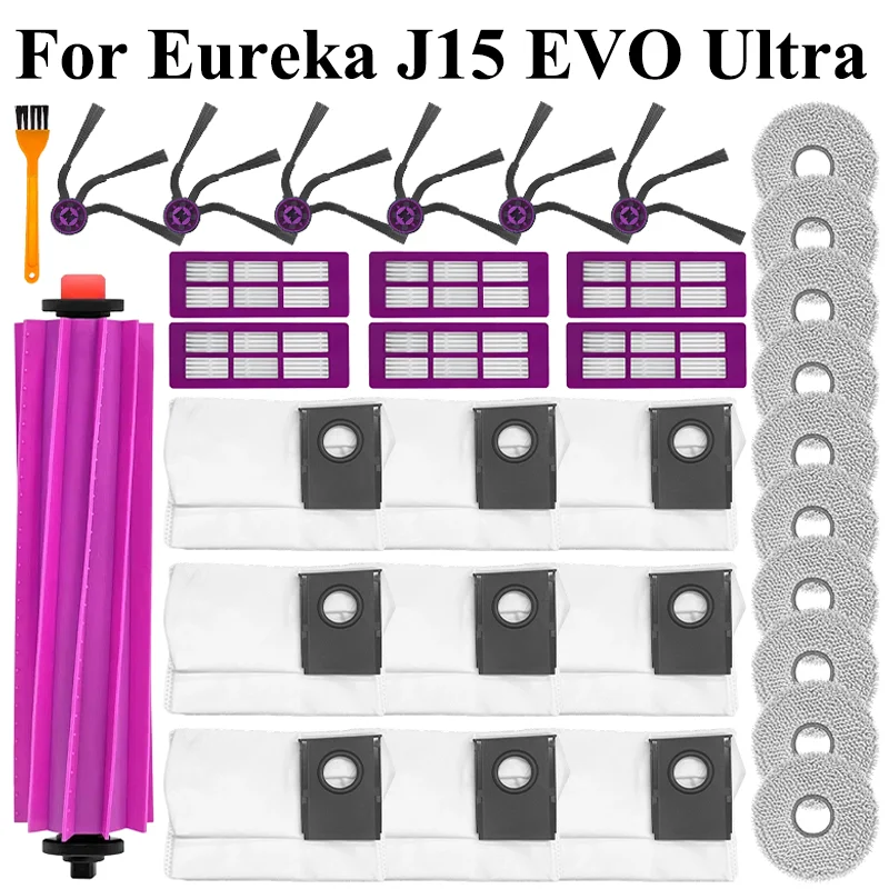 Accessories For Eureka J15 EVO Ultra Robot Vacuum Parts Roller Brush Side Brush HEPA Filter Dust Bag Mop Cloth Replacement Parts