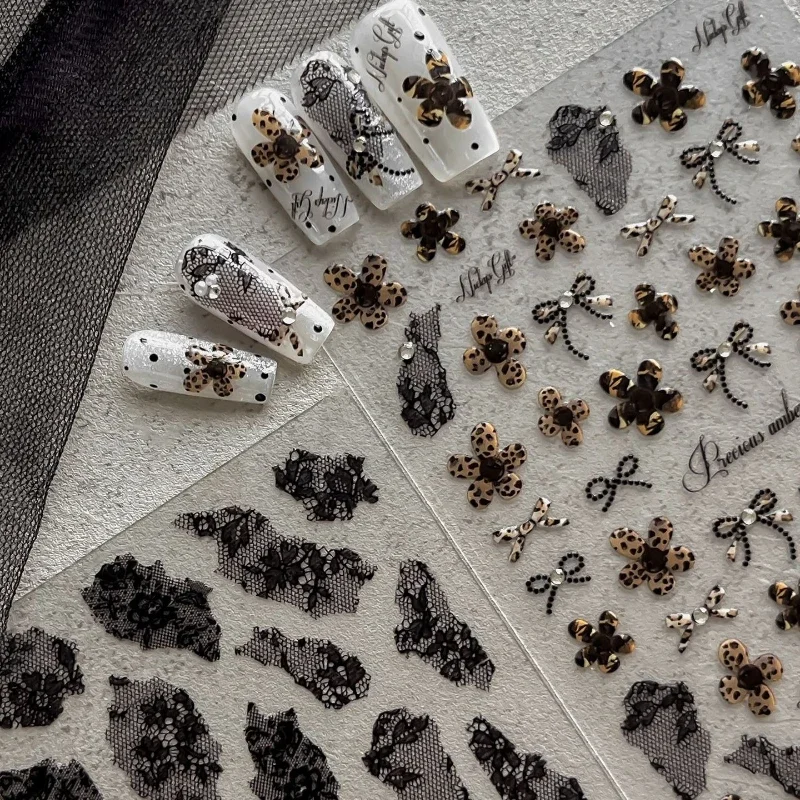 Vintage Leopard Print Five-petaled Flower Bowknot Dot Gauze Lace Floral Rhinestone Adhesive Nail Tip Art Sticker Manicure Decals